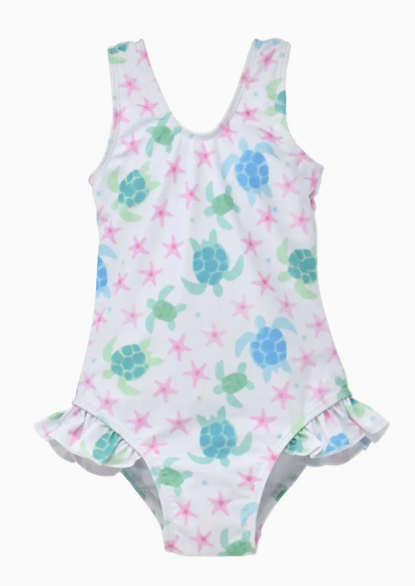 KIDS UPF50+ DELANEY HIP RUFFLE SWIMSUIT FOR GIRLS STARRY SEA TURTLE