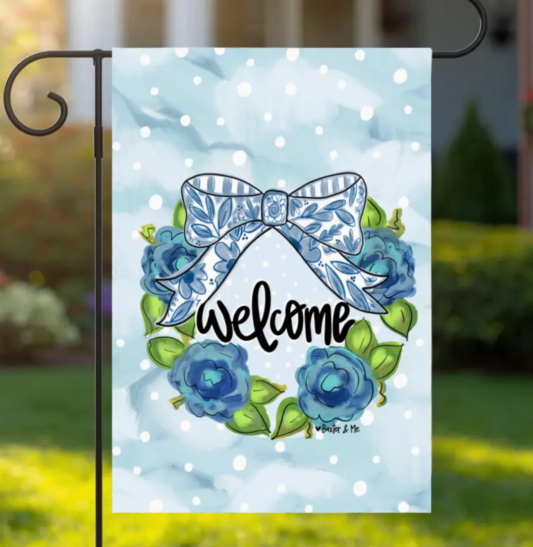 BLUE WILLOW BOW WELCOME GARDEN FLAG