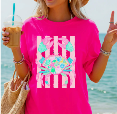 PASTEL WHIMSICAL SUMMER CRAB GRAPHIC TEE BEACH COASTAL HELCONIA