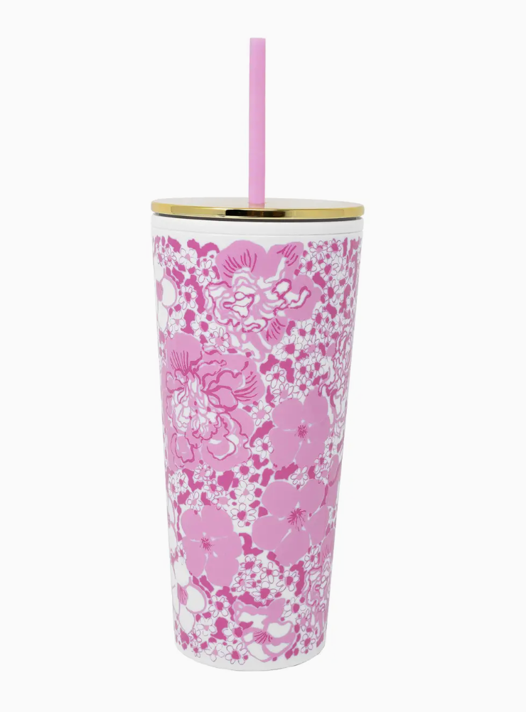 LILLY PULITZER TUMBER WITH STRAW CONCH SHELL PINK BURST OF JOY AVAILABLE 6/5