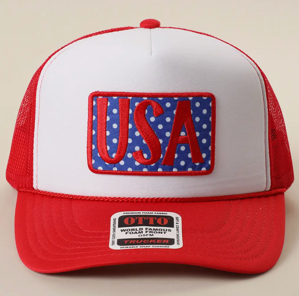 USA EMBROIDERED POLKA DOT PATCH FOAM TRUCKER HAT RED/WHITE.RED