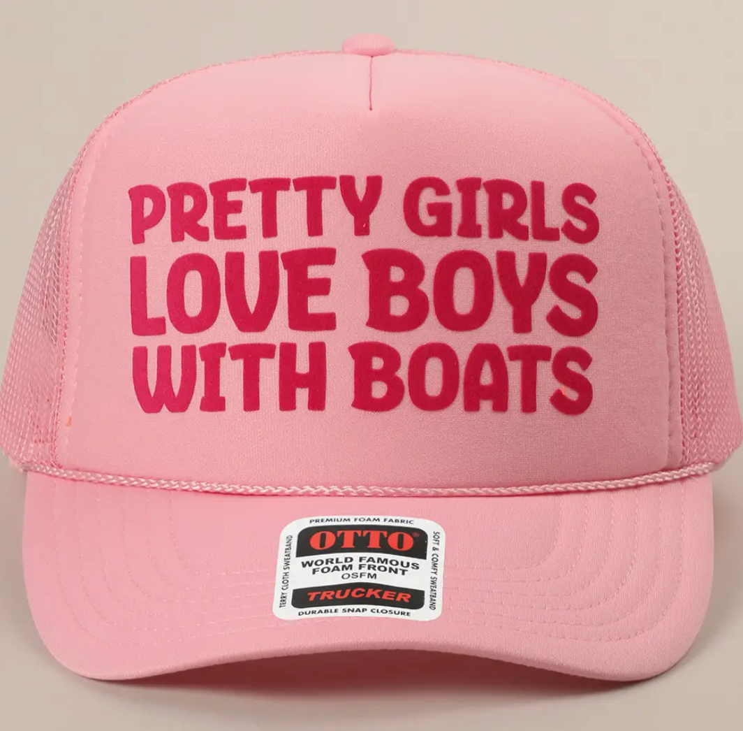 PRETTY GIRLS LOVE BOYS WITH BOATS TEXT PRINT MESH BACK CAP PINK