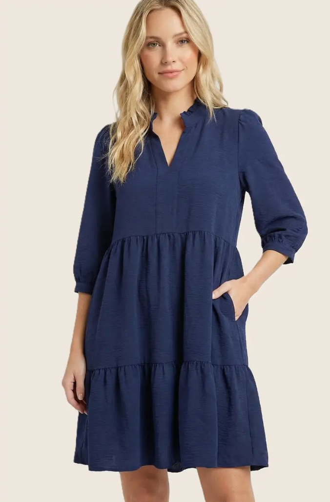 FRILLED SPLIT NECK TIERED DRESS NAVY