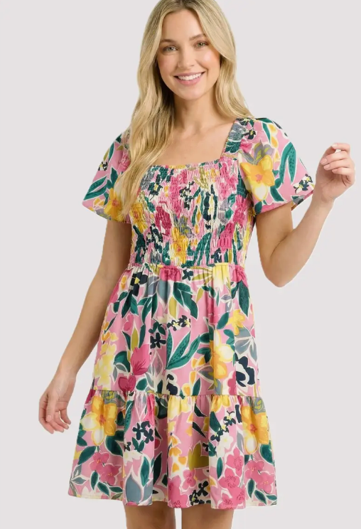SMOCKED BODICE FLORAL PRINTED DRESS PINK