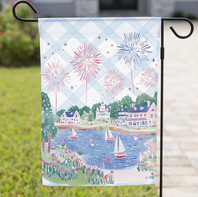 PATRIOTIC GARDEN FLAG COASTAL WATERCOLOR