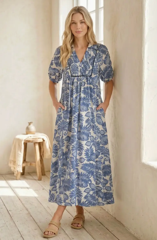 SMOCKED CHEST FLORAL PRINTED MAXI DRESS BLUE