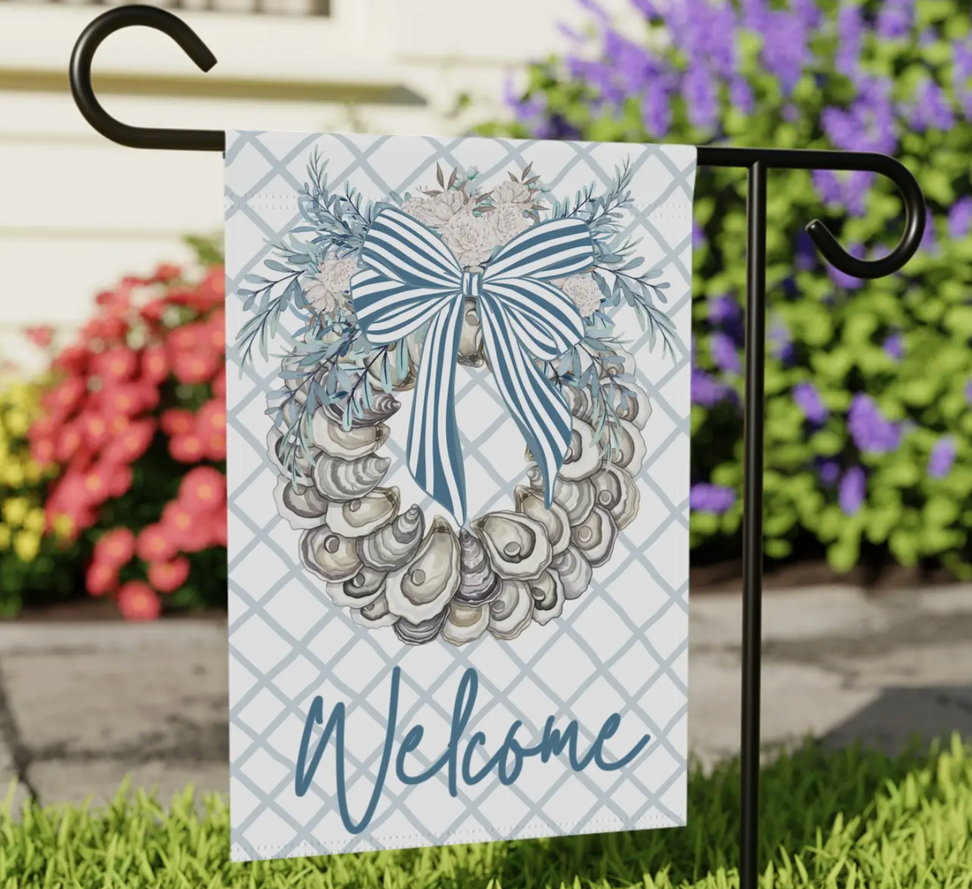 COASTAL OYSTER SHELL WREATH WELCOME GARDEN FLAG