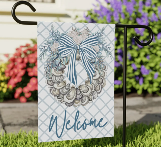 COASTAL OYSTER SHELL WREATH WELCOME GARDEN FLAG
