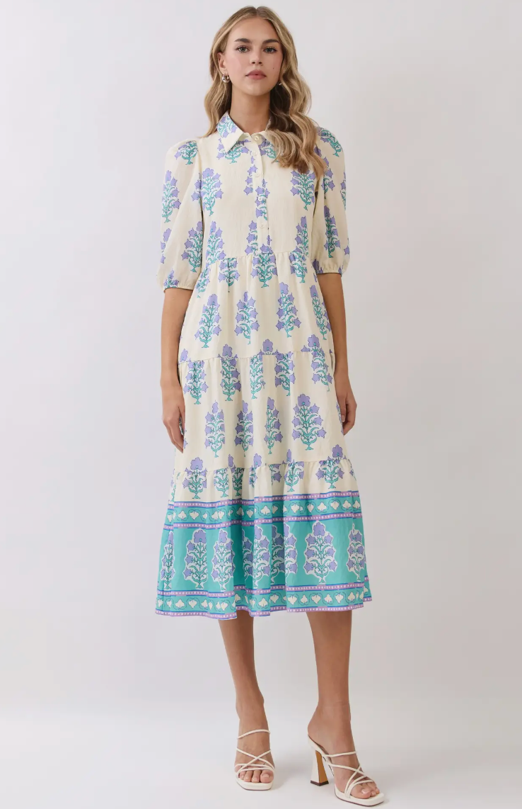 FLORAL BORDER PRINT TIERED MIDI DRESS CREAM