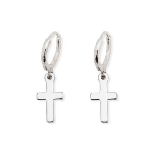 GRACE SMALL SILVER CROSS HUGGIE EARRING 1.25"