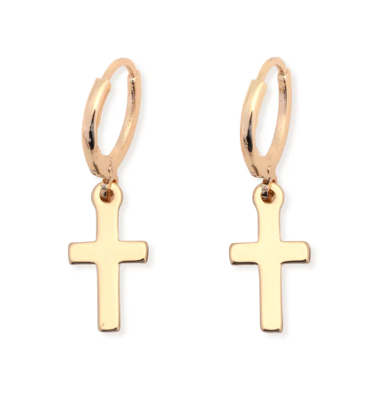 GRACE SMALL GOLD CROSS HUGGIE EARRING 1.25"