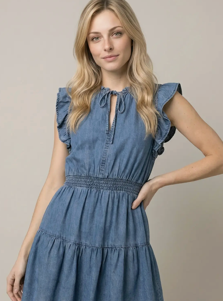 RUFFLE DETAIL SMOCKING WAISTY MINI DRESS