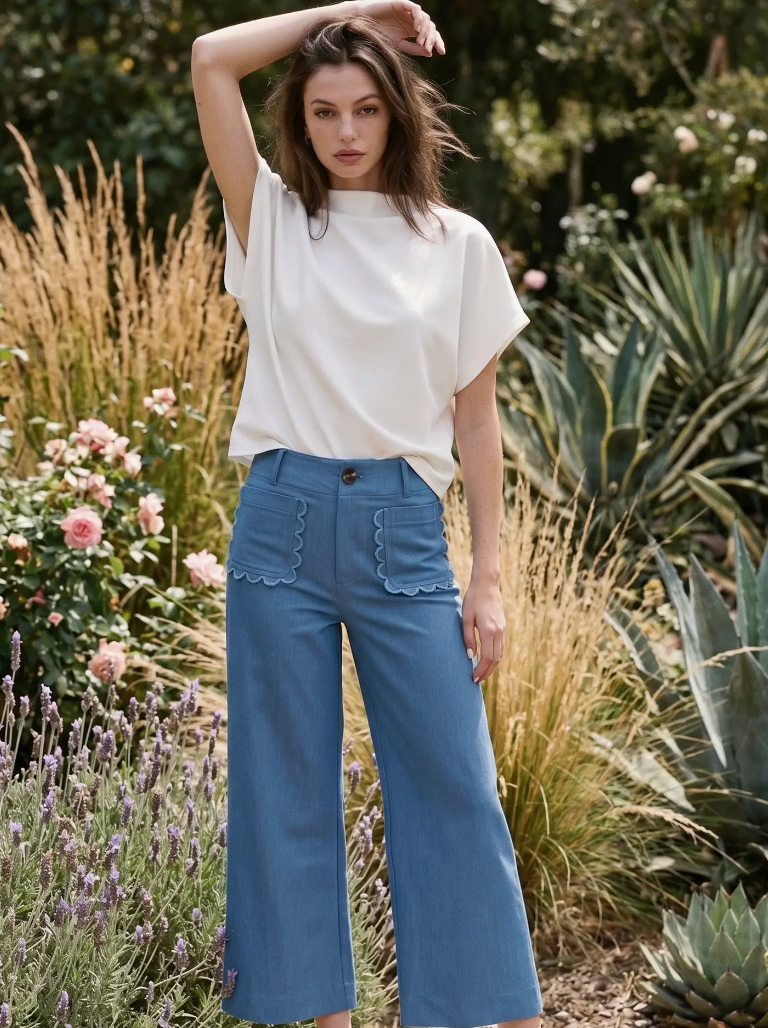 CROPPED SCALLOP POCKET WIDE LEG COLETTE PANT SKY BLUE