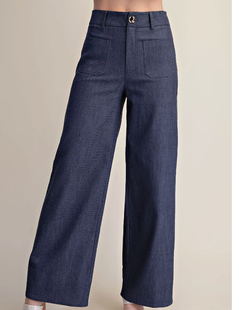STRETCHY JEANS HIGH RISE FRONT POCKET WIDE LEG  NAVY