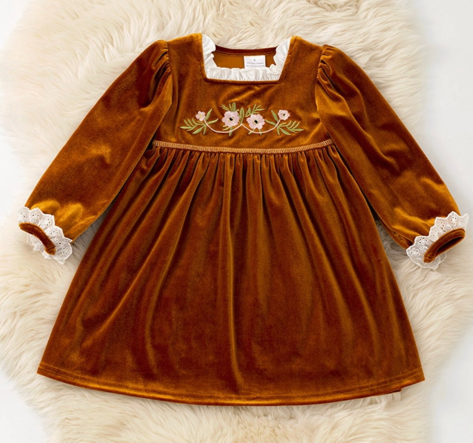 KIDS GOLDEN BROWN FAUX VELVET DRESS