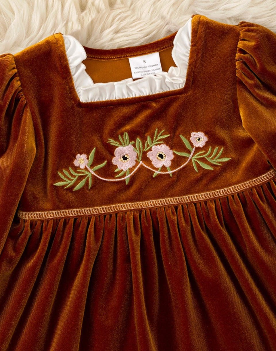 KIDS GOLDEN BROWN FAUX VELVET DRESS