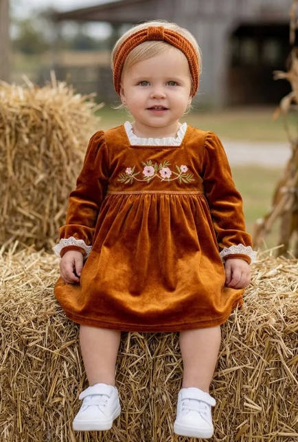 KIDS GOLDEN BROWN FAUX VELVET DRESS