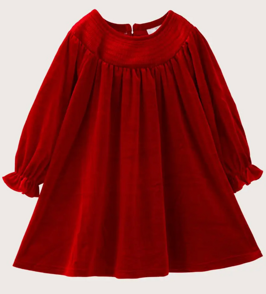 GIRLS CLASSIC SMOCKED HOLIDAY RED VELVET DRESS