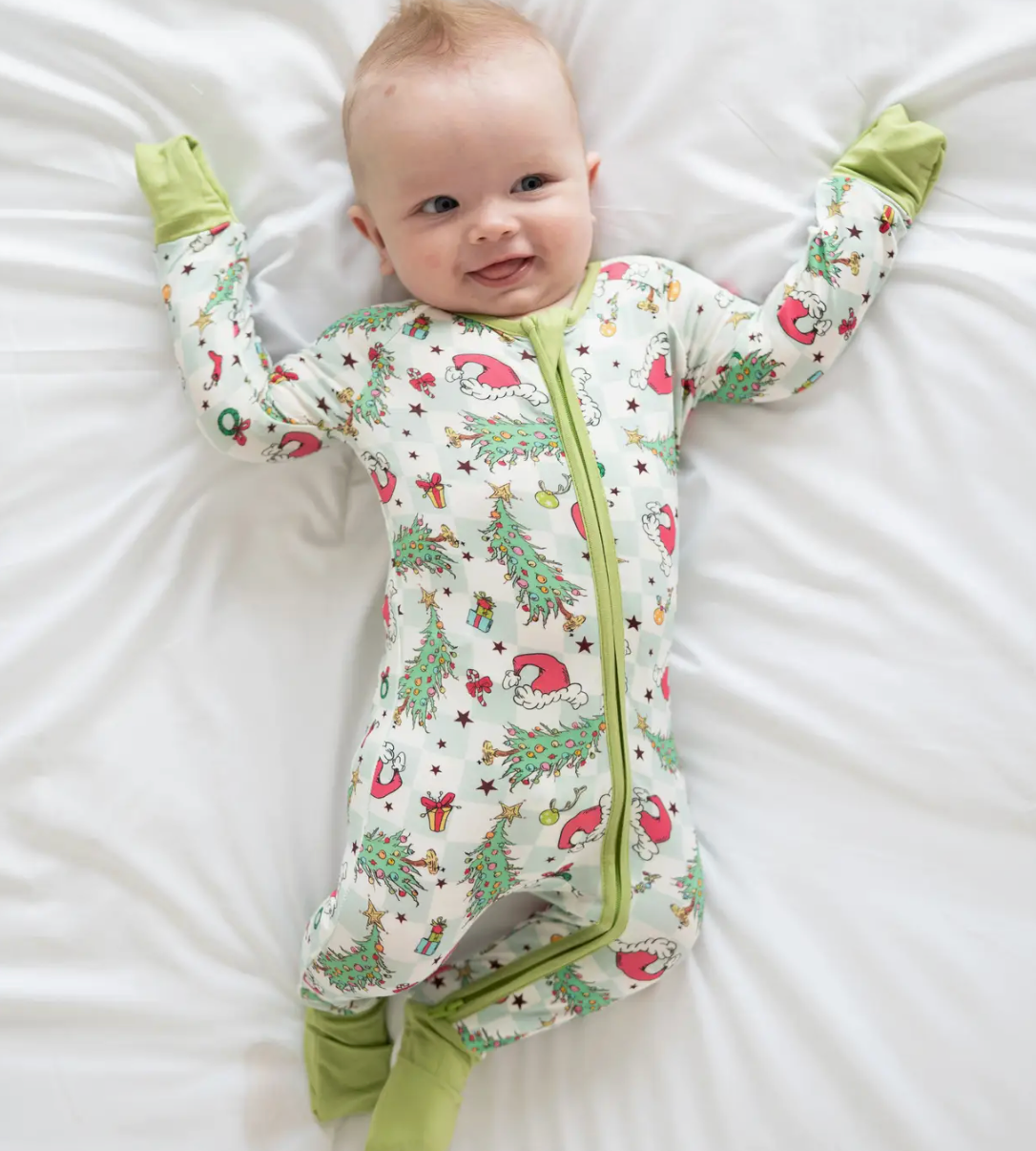 CHRISTMAS TREE SANTA HAT GREEN PLAID BABY BAMBOO PAJAMAS