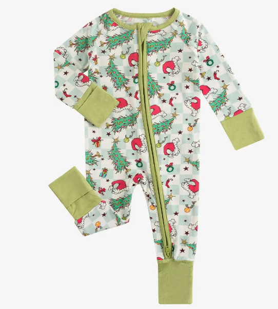 CHRISTMAS TREE SANTA HAT GREEN PLAID BABY BAMBOO PAJAMAS