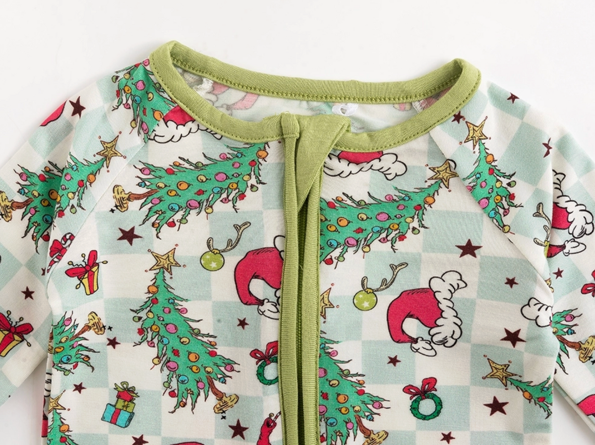 CHRISTMAS TREE SANTA HAT GREEN PLAID BABY BAMBOO PAJAMAS