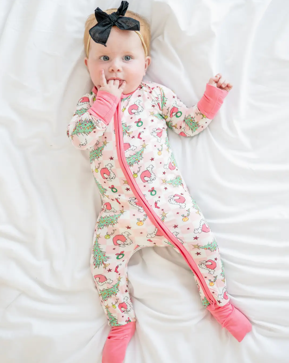 CHRISTMAS PINK PLAID CHRISTMAS TREE BAMBOO INFANT PAJAMAS
