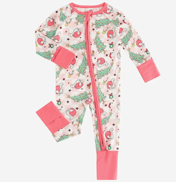 CHRISTMAS PINK PLAID CHRISTMAS TREE BAMBOO INFANT PAJAMAS
