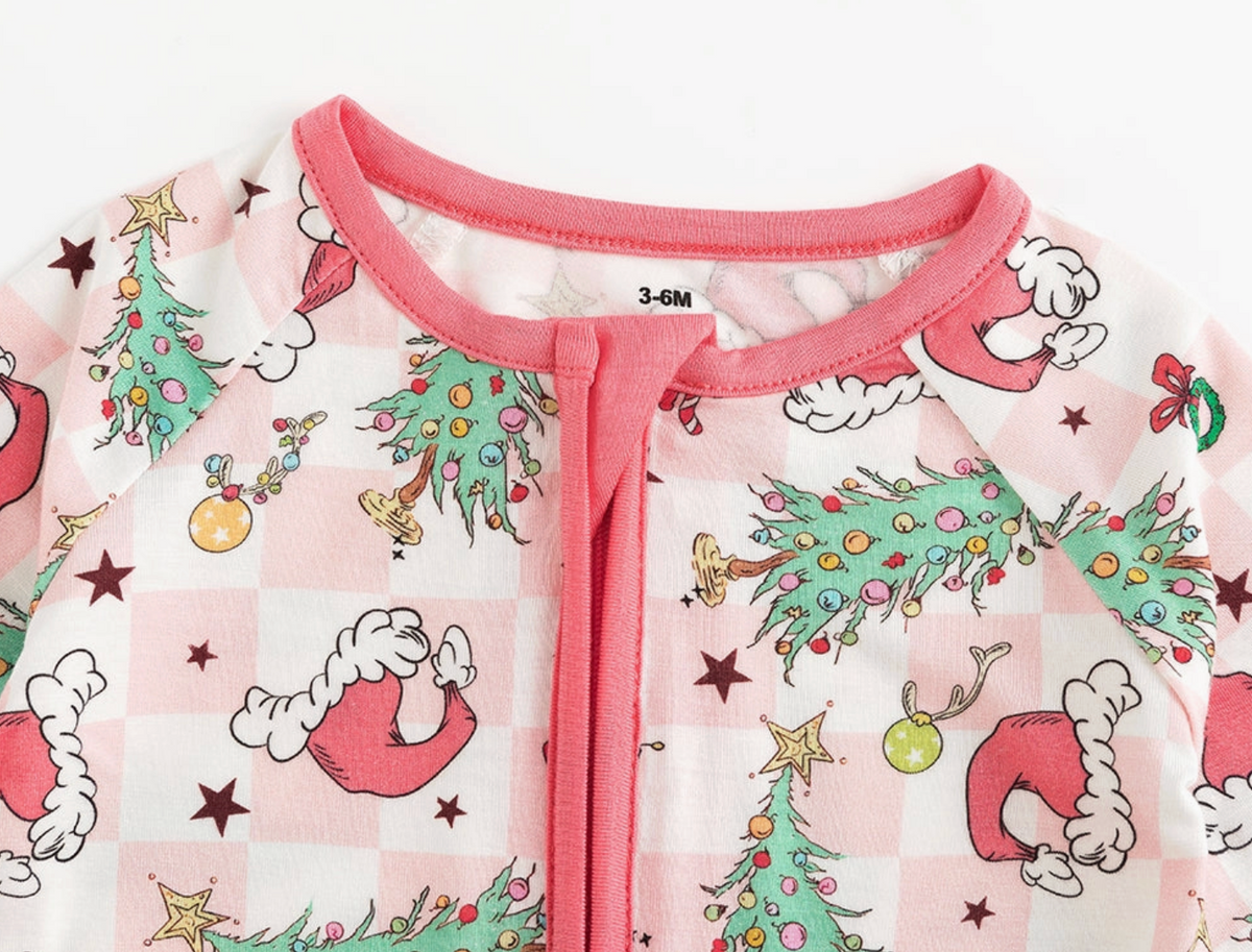 CHRISTMAS PINK PLAID CHRISTMAS TREE BAMBOO INFANT PAJAMAS