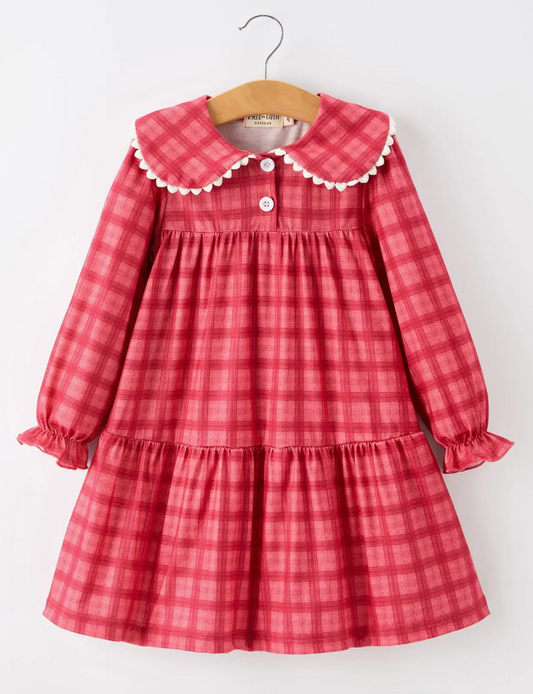 GIRLS CORAL RED PLAID SCALLOP PETER PAN COLLAR TRADE