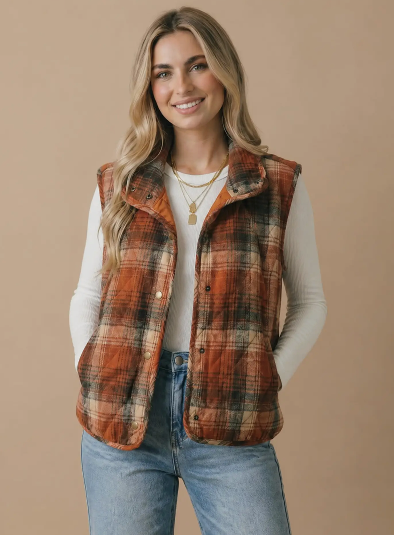 PLAID QUILTED SNAP BUTTON PUFFER VEST RUST
