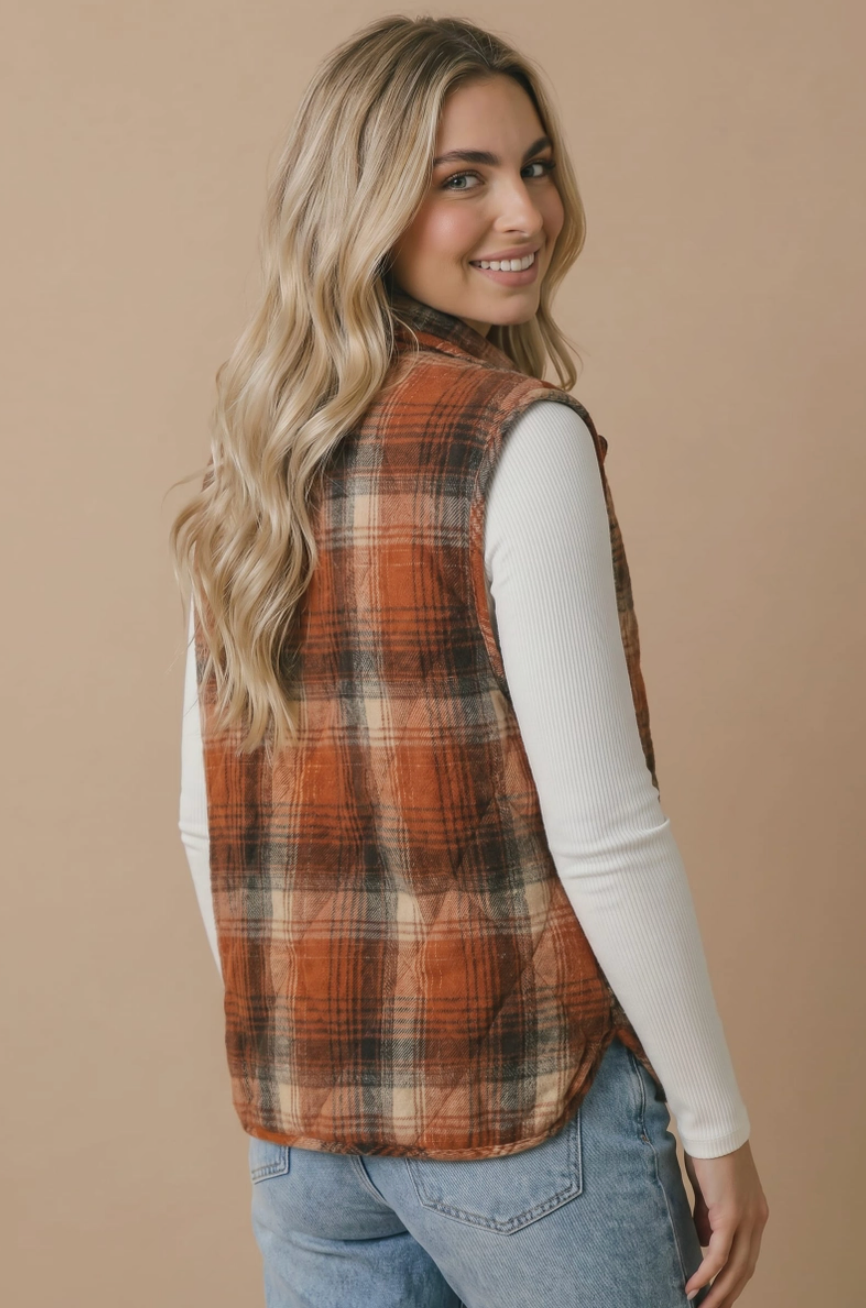 PLAID QUILTED SNAP BUTTON PUFFER VEST RUST
