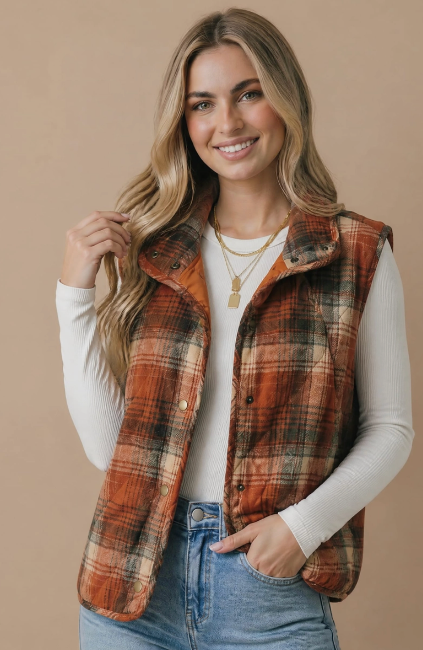 PLAID QUILTED SNAP BUTTON PUFFER VEST RUST