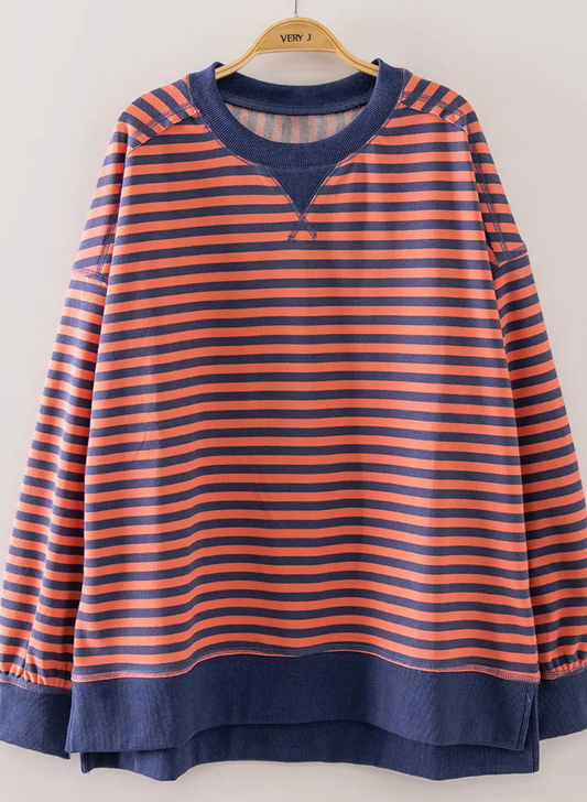 STRIPE COMFY CASUAL SWEATSHIRT CORAL/NAVY