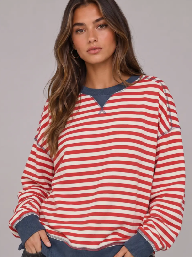STRIPE COMFY CASUAL SWEATSHIRT CORAL/NAVY