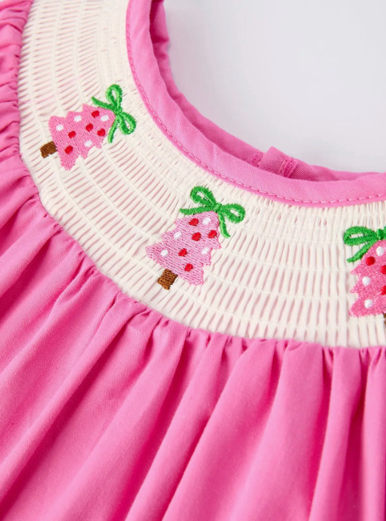 CHRISTMAS PINK SMOCKED EMBROIDERY TREE DRESS