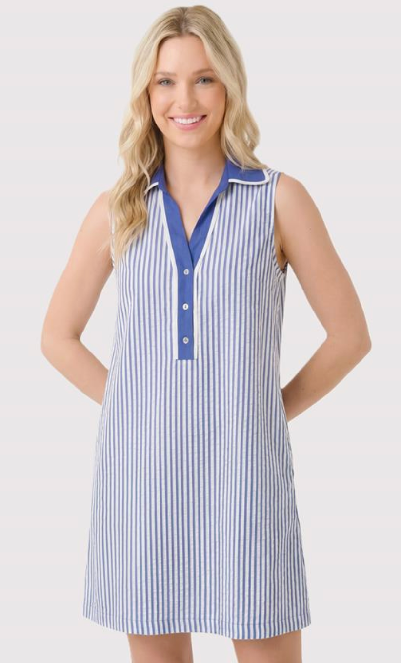 COLOR CONTRASTED COLLAR SEERSUCKER STRIPED DRESS