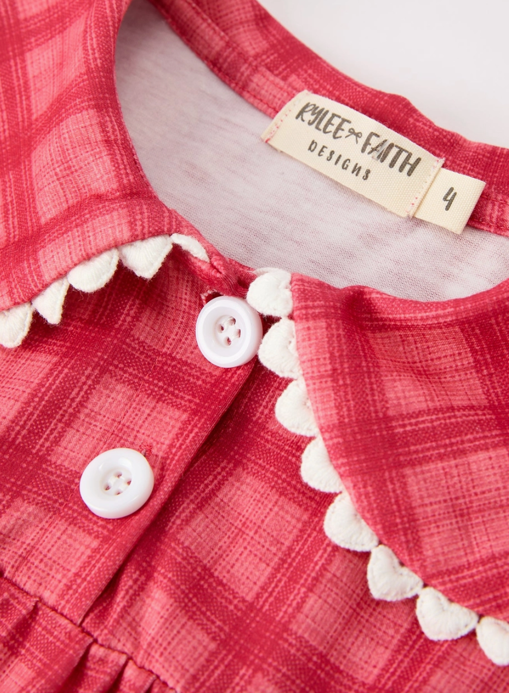 GIRLS CORAL RED PLAID SCALLOP PETER PAN COLLAR TRADE