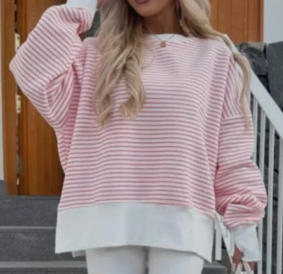 OVERSIZED STRIPED CREWNECK SWEATSHIRT THUMB HOLE SIDE SLIT