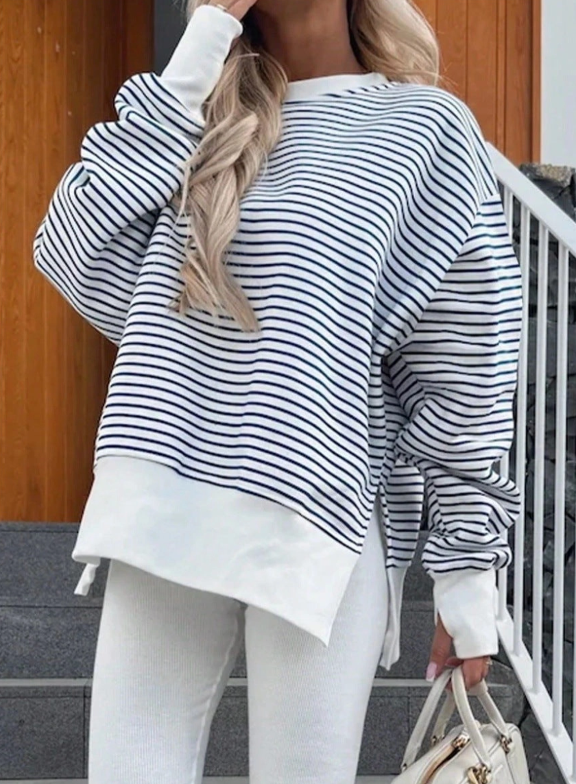 OVERSIZED STRIPED CREWNECK SWEATSHIRT THUMB HOLE SIDE SLIT