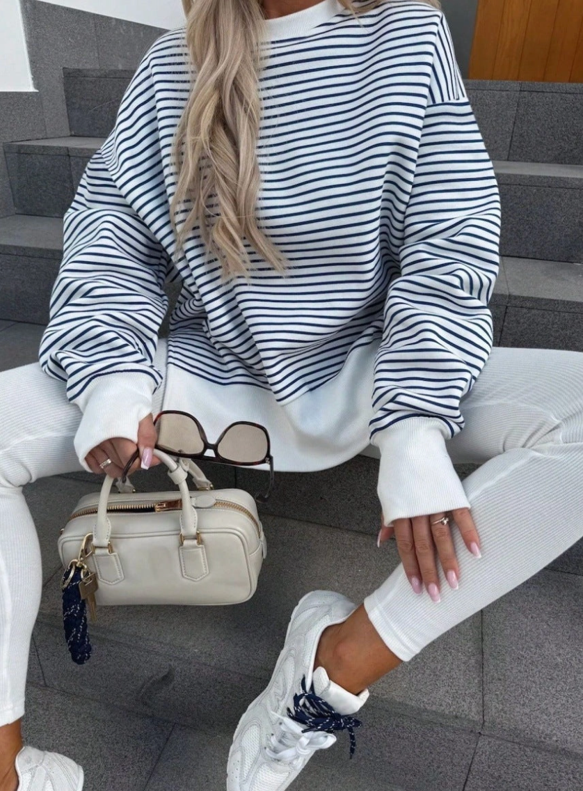 OVERSIZED STRIPED CREWNECK SWEATSHIRT THUMB HOLE SIDE SLIT
