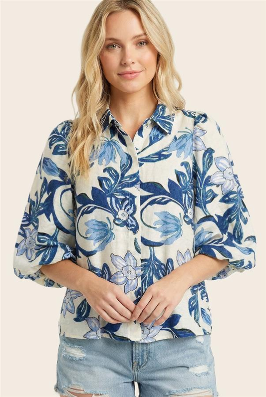 BLUE COLLAR BUTTON DOWN 3/4 BUBBLE SLEEVE FLORAL PRINTED SHIRT