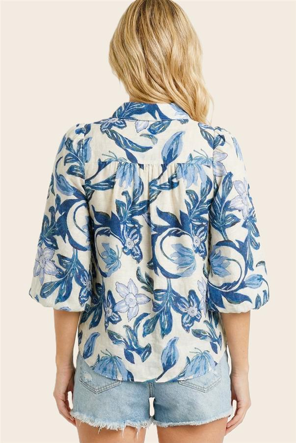 BLUE COLLAR BUTTON DOWN 3/4 BUBBLE SLEEVE FLORAL PRINTED SHIRT