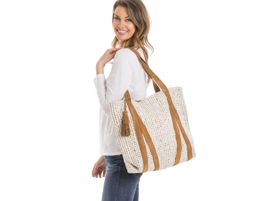CREAM AND METALLIC GOLD FOIL TOTE BAG WITH LEATHER STRAPS