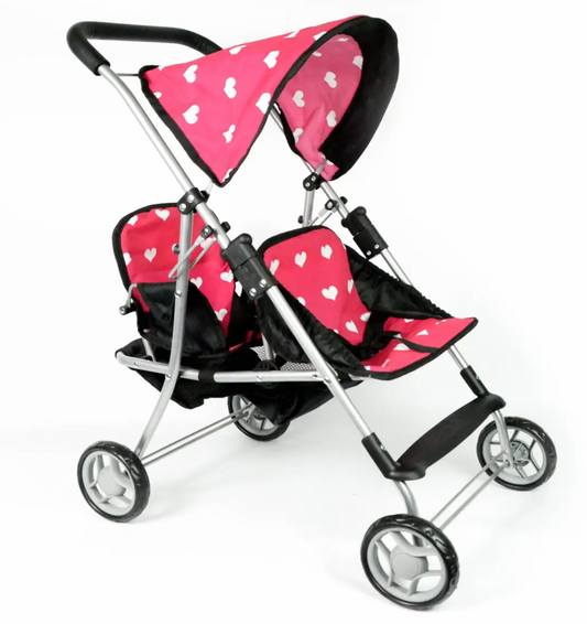 FIRST DOLL TWIN STROLLER HEART DESIGN WITH BASKET AND HOOD