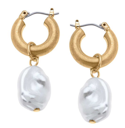 MAE BAROQUE PEARL DROP HOOP EARRINGS IN IVORY