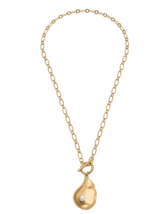 OYSTER WITH PEARL PENDANT NECKLACE IN WORN GOLD