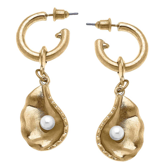 OYSTER WITH PEARL DROP HOOP EARRING IN WORN GOLD