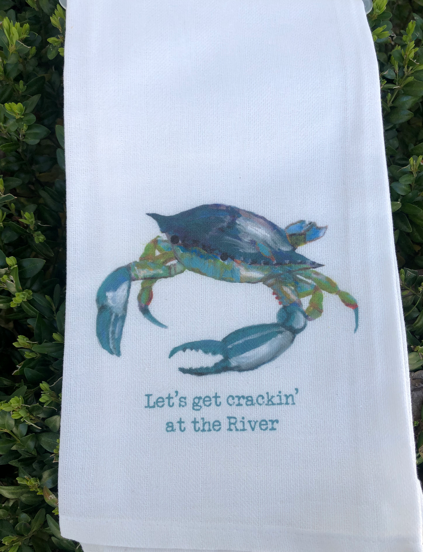 LET'S GET CRACKIN AT THE RIVER WITH CRAB TEA TOWEL