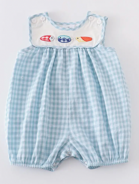 BLUE PLAID FISH APPLIQUE BOY ROMPER